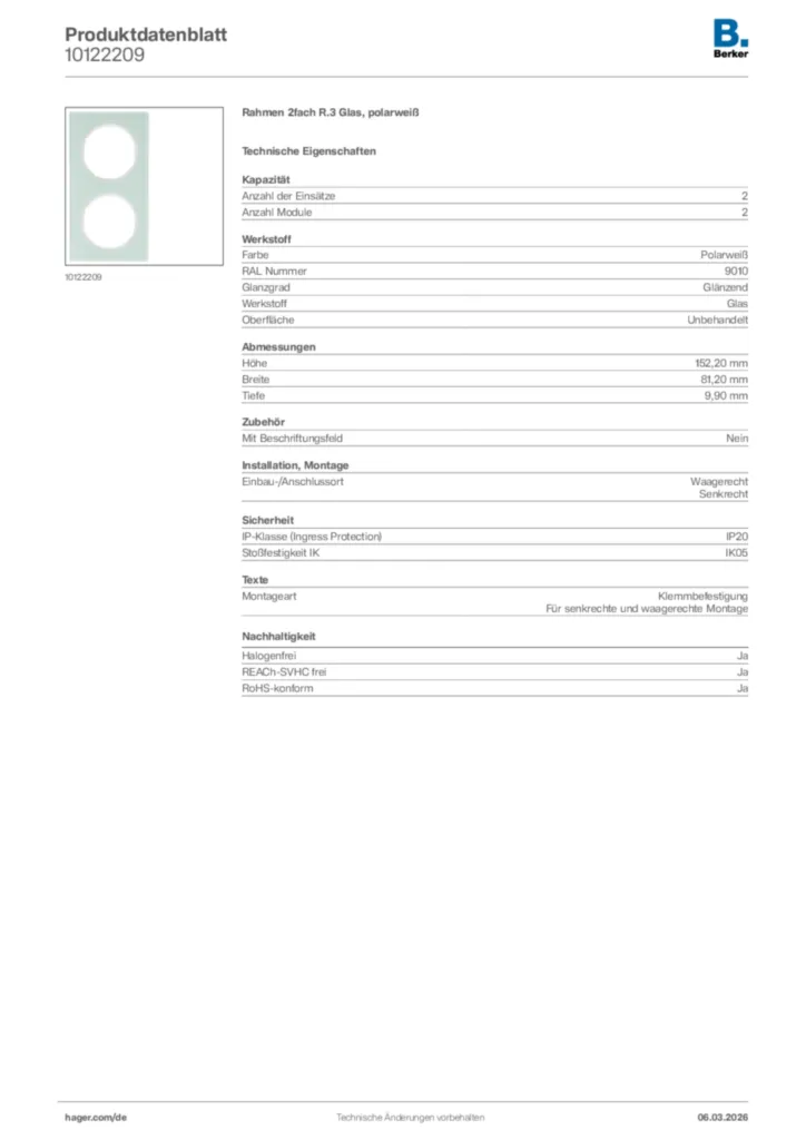 Bild Berker Produktdatenblatt 10122209 | Hager Deutschland