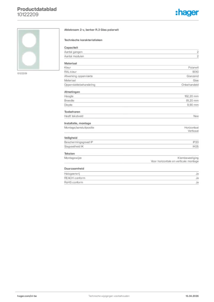 Afbeelding Hager Productdatablad 10122209 | Hager Belgium