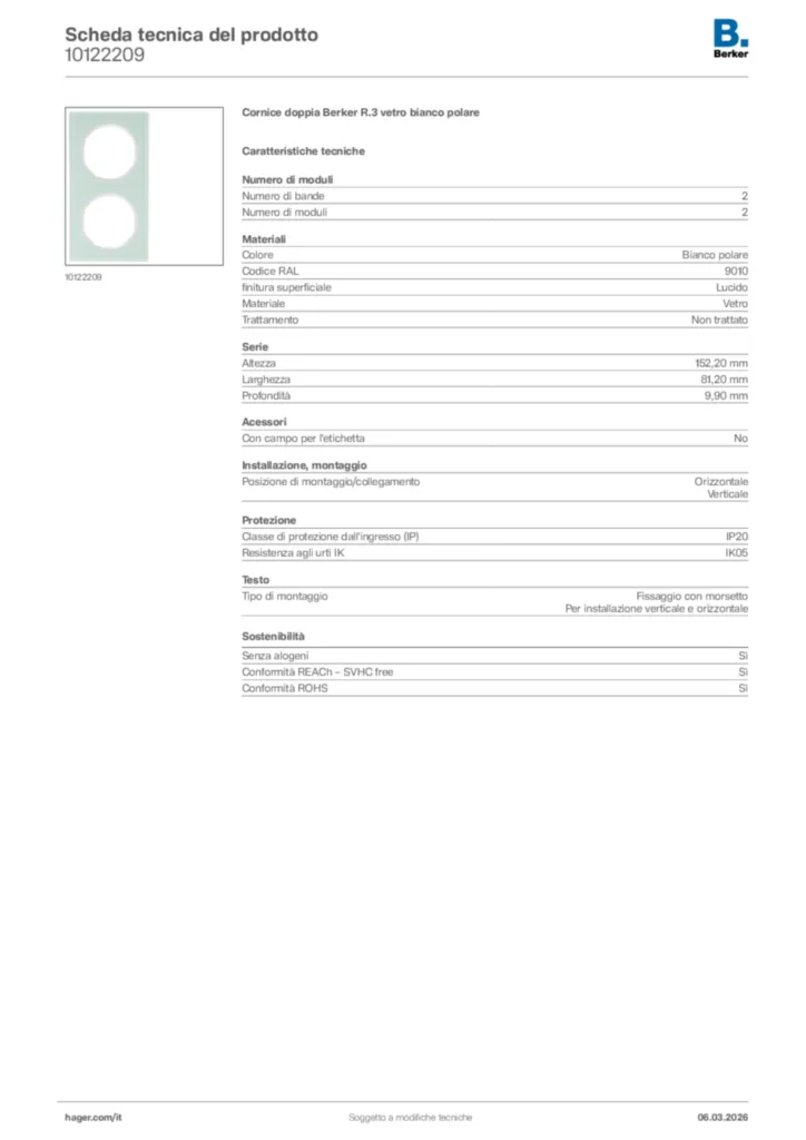Immagine Berker Scheda tecnica del prodotto 10122209 | Hager Italia