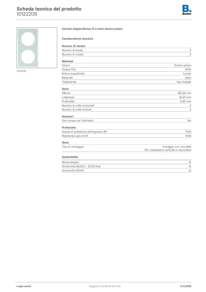 Immagine Berker Scheda tecnica del prodotto 10122209 | Hager Italia