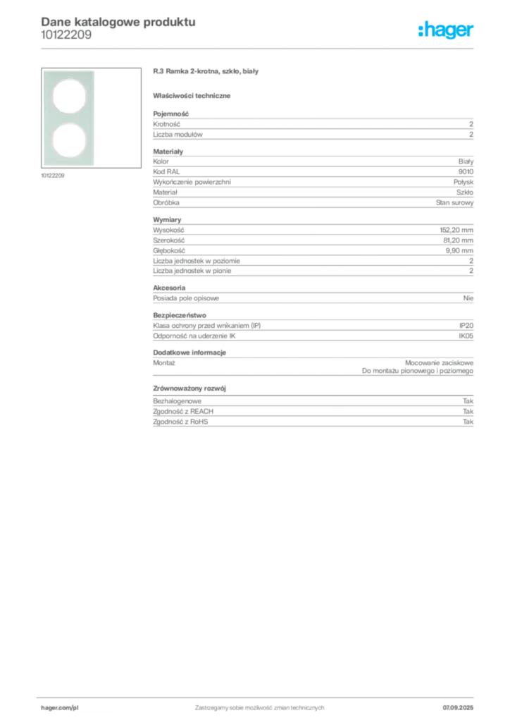 Zdjęcie Hager Dane katalogowe produktu 10122209 | Hager Polska