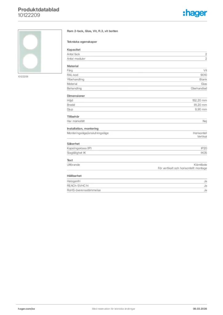 Bild Hager Produktdatablad 10122209 | Hager Sverige