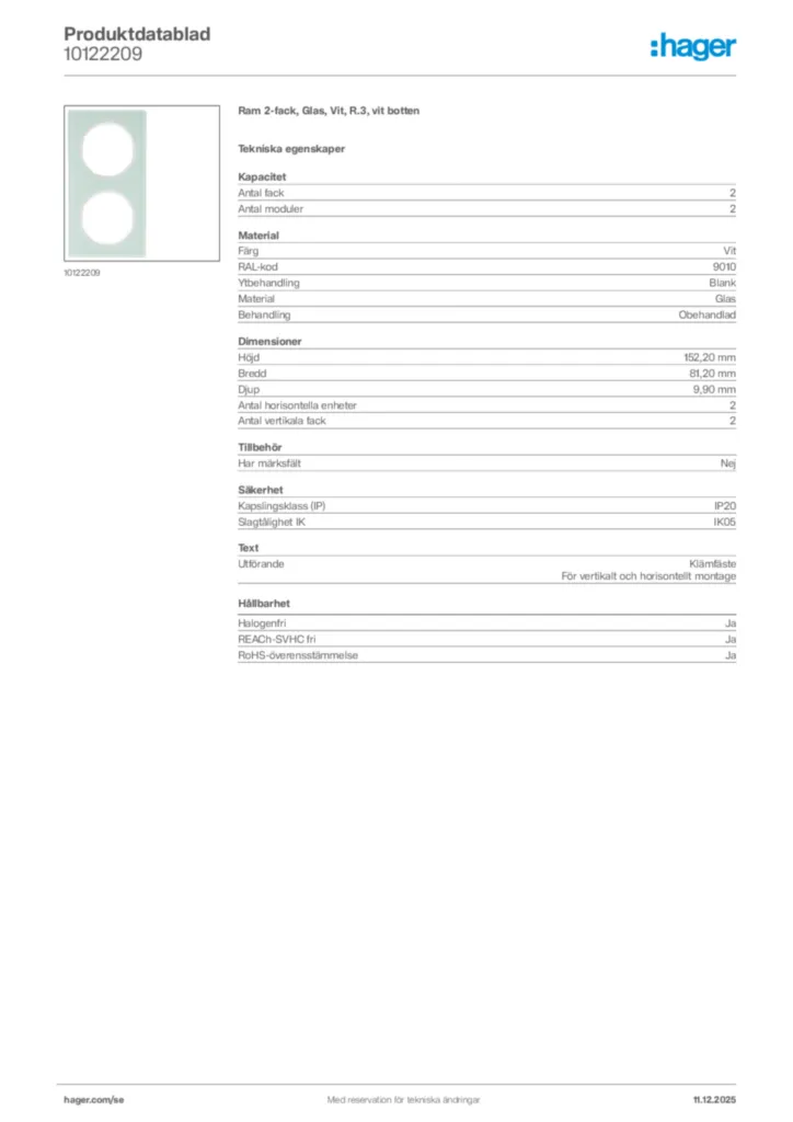 Bild Hager Produktdatablad 10122209 | Hager Sverige