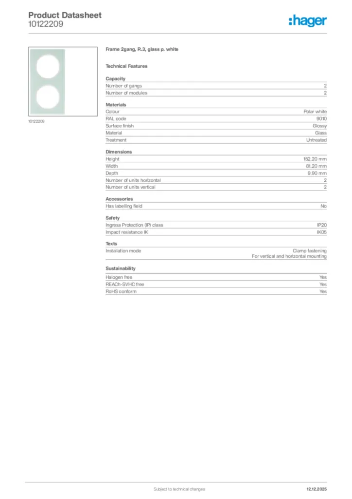 Image Hager Product data sheet 10122209  | Hager