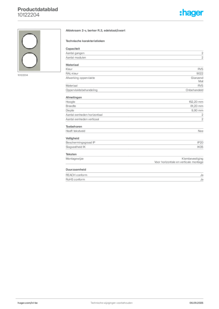 Afbeelding Hager Productdatablad 10122204 | Hager Belgium