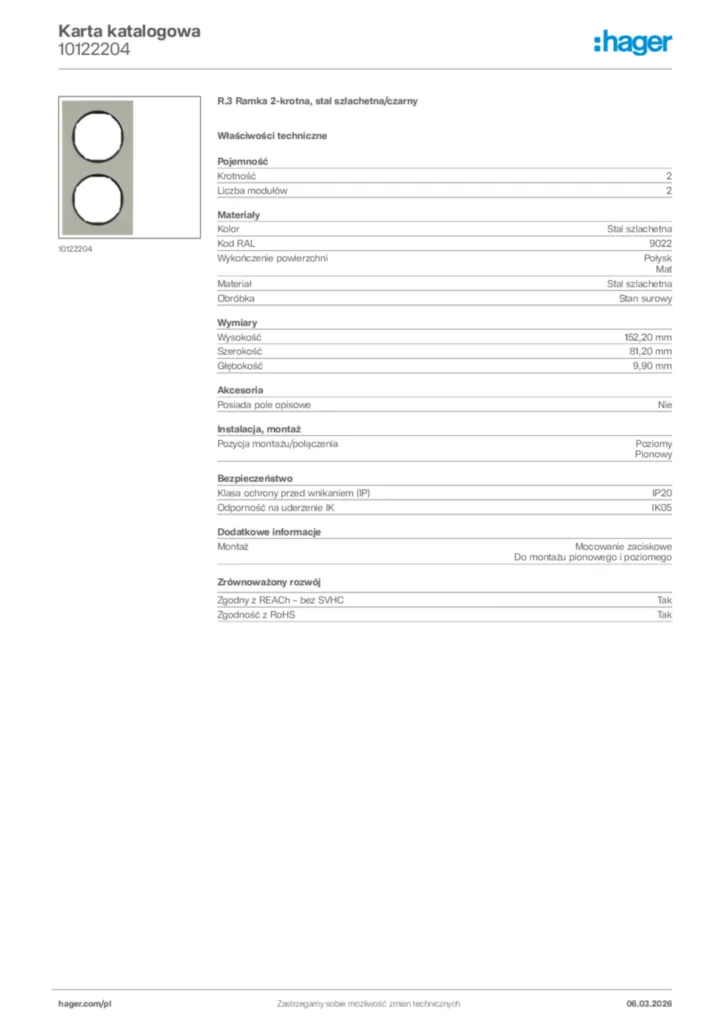 Zdjęcie Hager Karta katalogowa 10122204 | Hager Polska