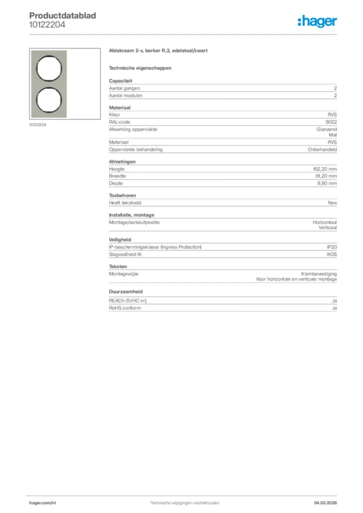 Afbeelding Hager Productdatablad 10122204 | Hager Nederland