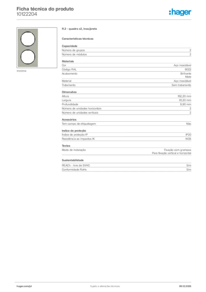 Imagem Hager Ficha técnica do produto 10122204 | Hager Portugal