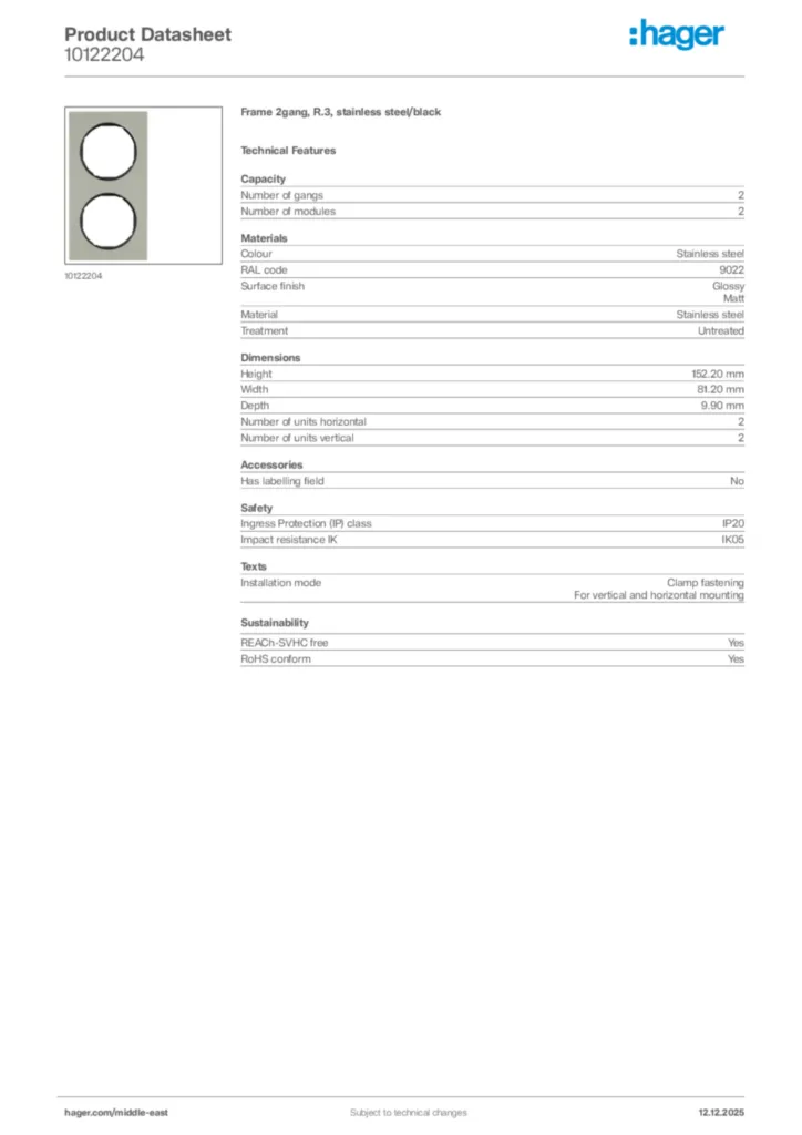 Image Hager Product data sheet 10122204  | Hager
