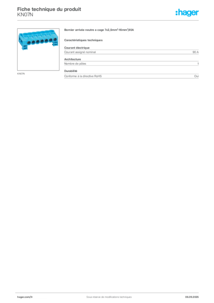 Image Hager Fiche technique du produit KN07N | Hager France