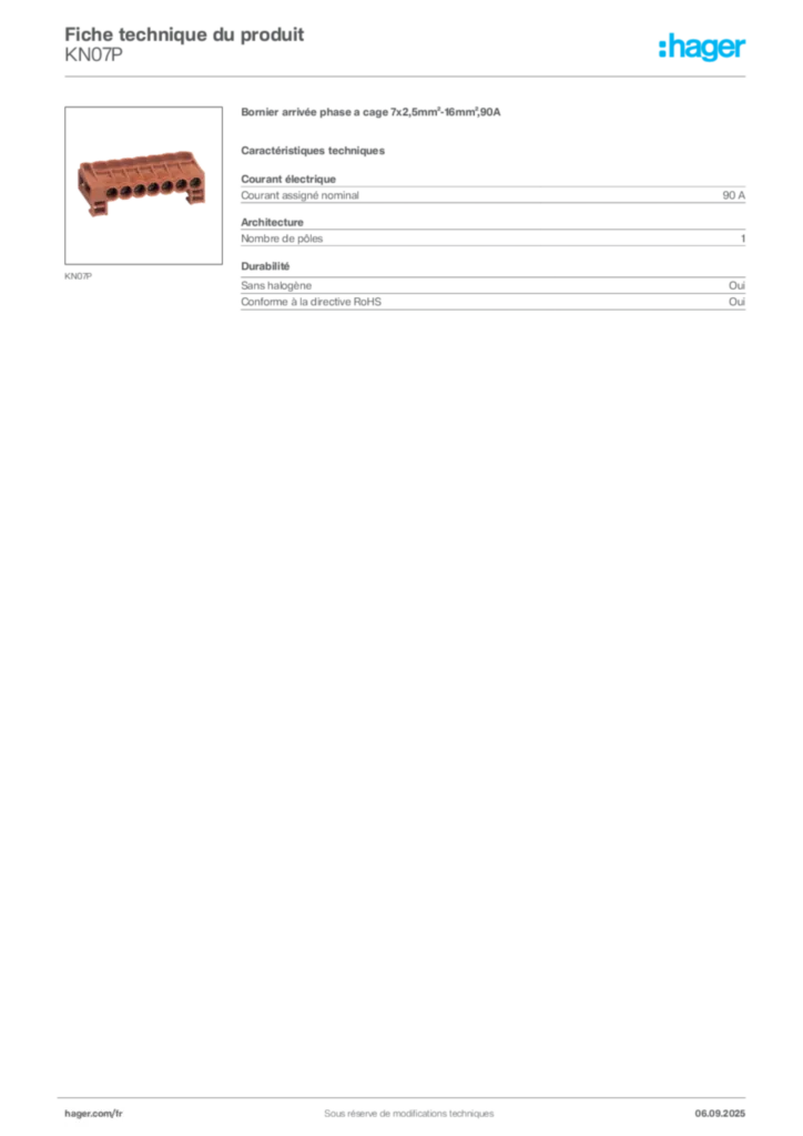Image Hager Fiche technique du produit KN07P | Hager France
