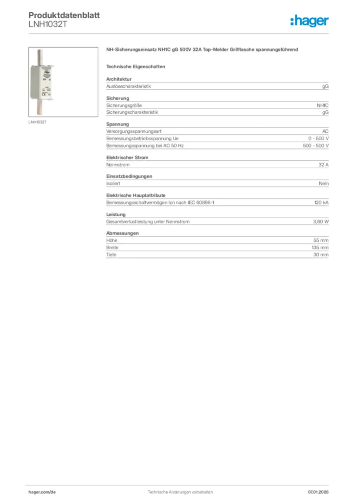 Bild Hager Produktdatenblatt LNH1032T | Hager Deutschland