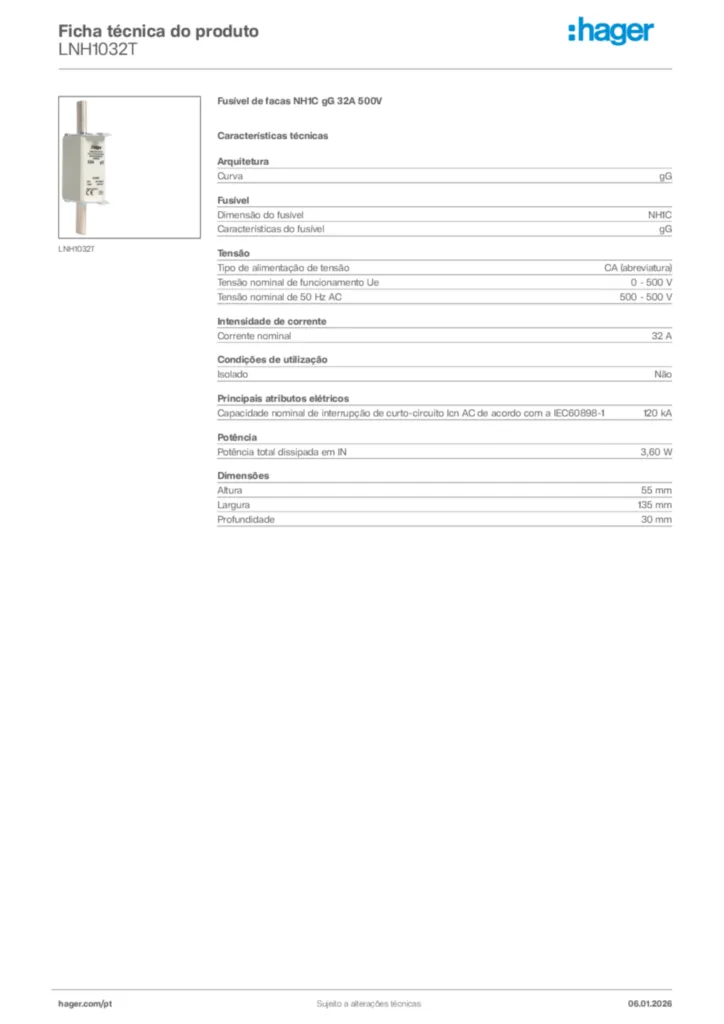 Imagem Hager Ficha técnica do produto LNH1032T | Hager Portugal