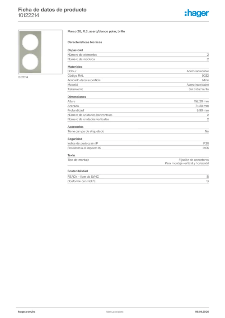 Imagen Hager Ficha de datos de producto 10122214 | Hager España