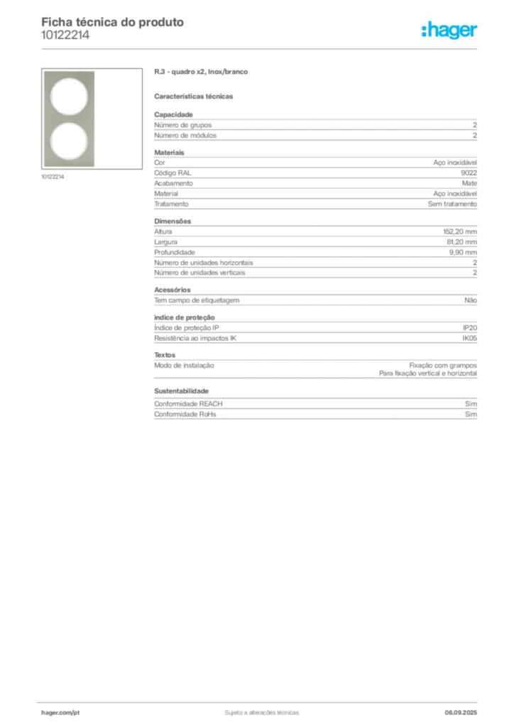 Imagem Hager Ficha técnica do produto 10122214 | Hager Portugal