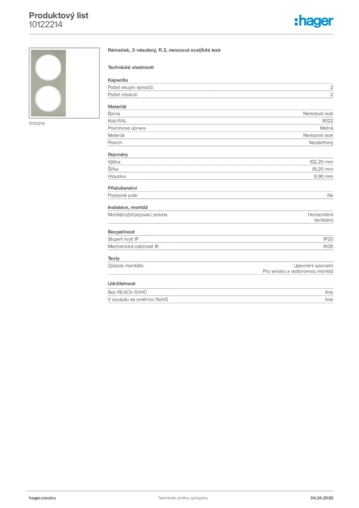 Obrázek Hager Product data sheet 10122214 | Hager
