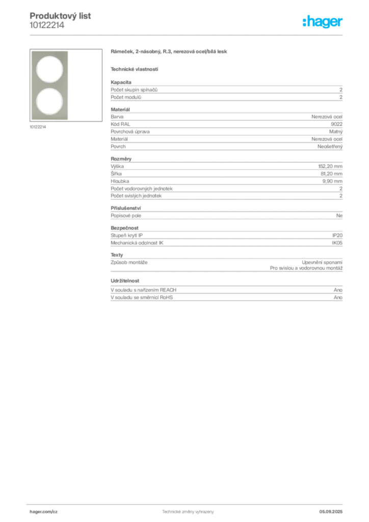 Obrázek Hager Produktový list 10122214 | Hager