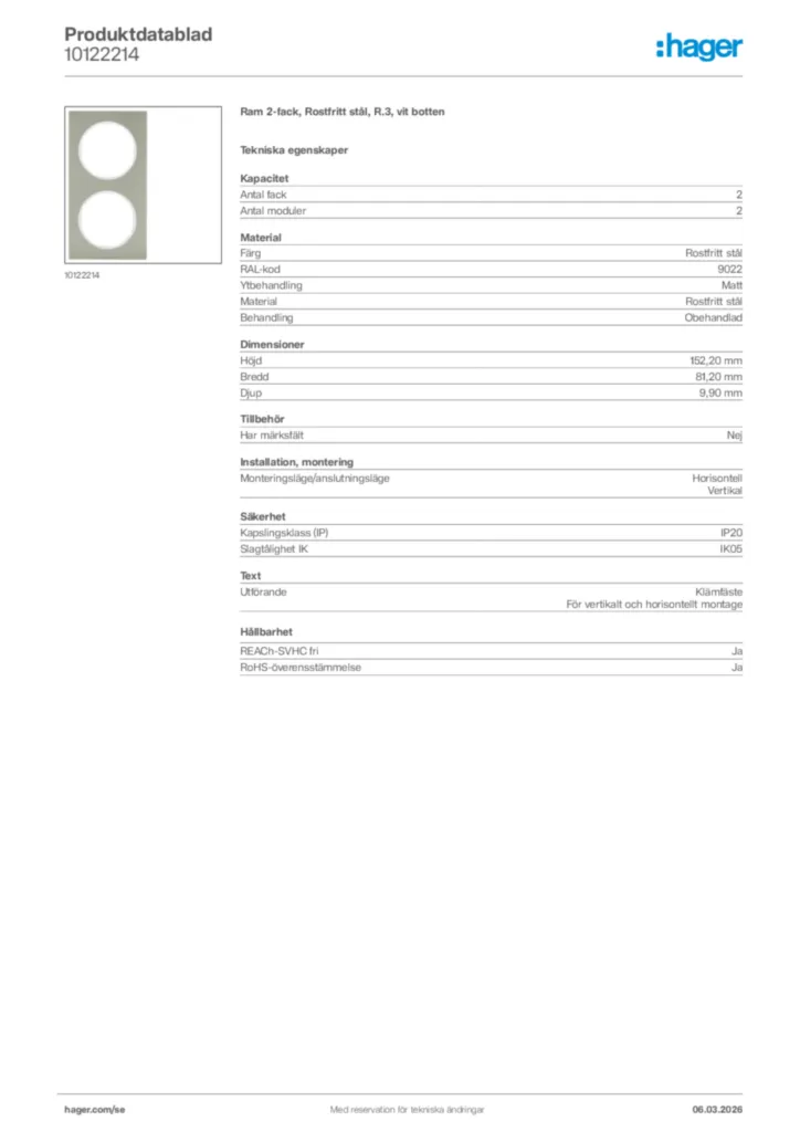 Bild Hager Produktdatablad 10122214 | Hager Sverige