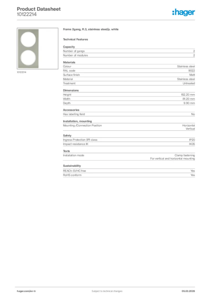 Image Hager Product data sheet 10122214  | Hager