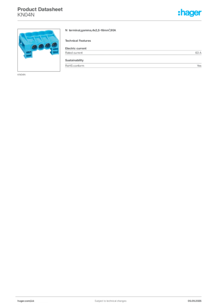 Image Hager Product data sheet KN04N  | Hager