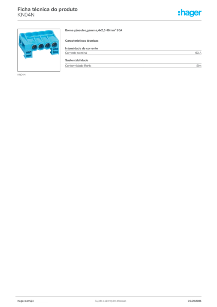 Imagem Hager Ficha técnica do produto KN04N | Hager Portugal