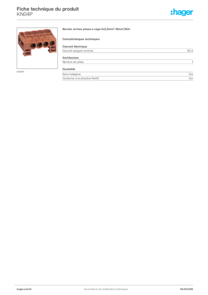 Image Hager Fiche technique du produit KN04P | Hager France