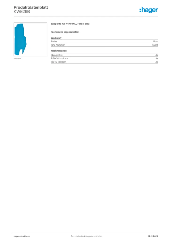 Bild Hager Produktdatenblatt KWE29B | Hager Schweiz