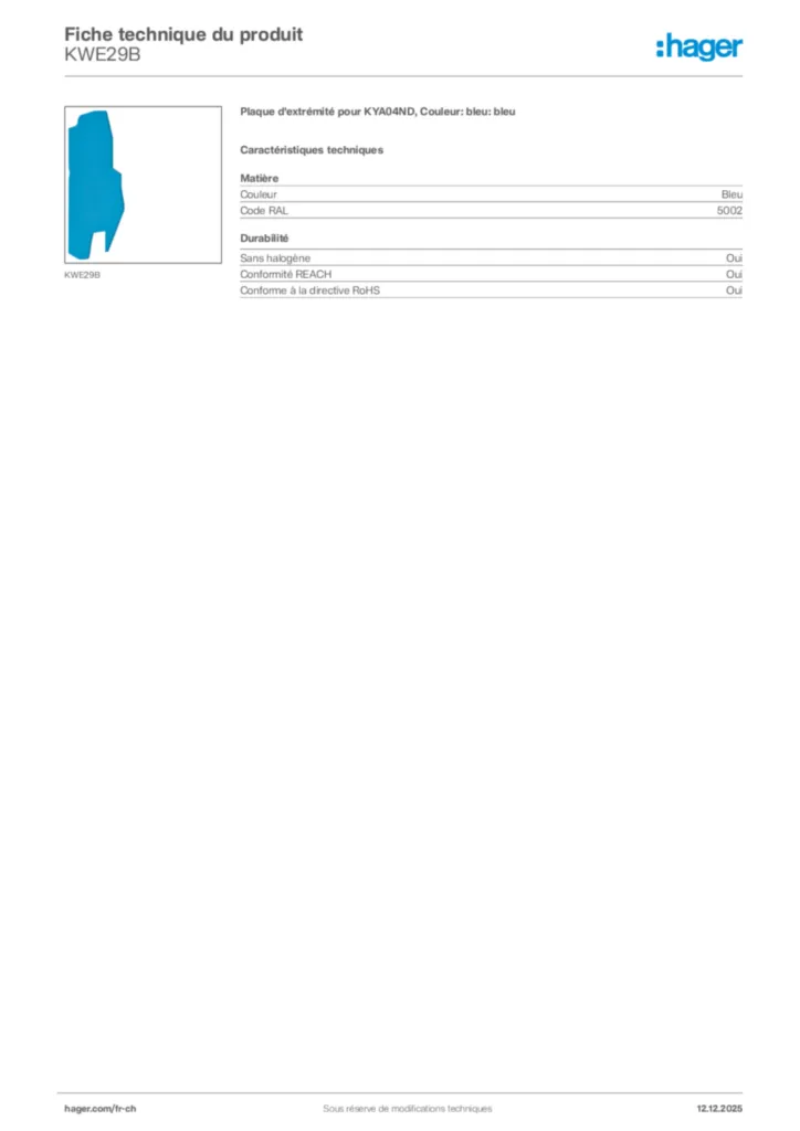 Image Hager Fiche technique du produit KWE29B | Hager Suisse