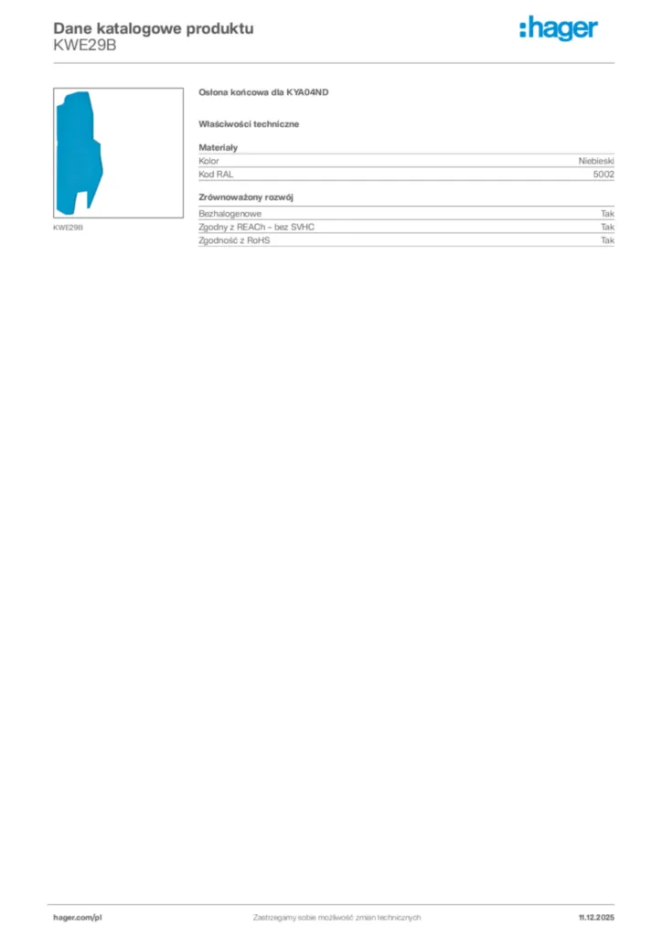 Zdjęcie Hager Dane katalogowe produktu KWE29B | Hager Polska