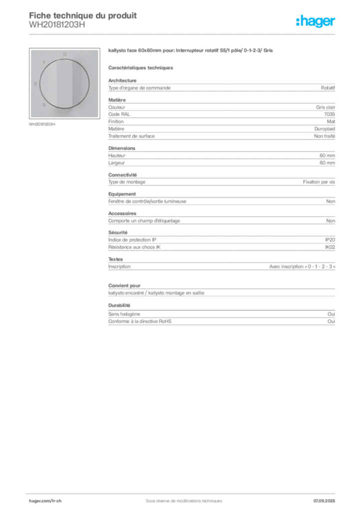 Image Hager Fiche technique du produit WH20181203H | Hager Suisse
