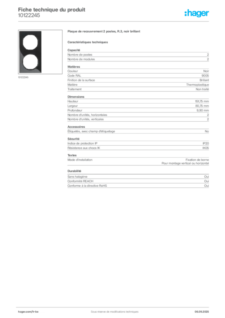 Image Hager Fiche technique du produit 10122245 | Hager Belgique