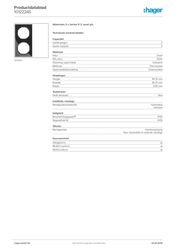 Afbeelding Hager Productdatablad 10122245 | Hager Belgium