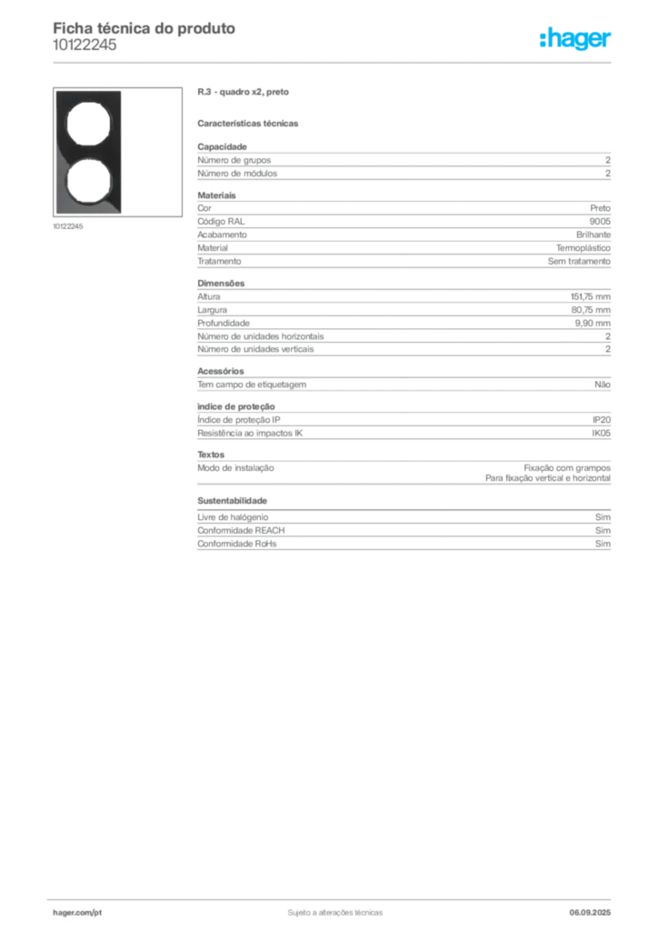 Imagem Hager Ficha técnica do produto 10122245 | Hager Portugal