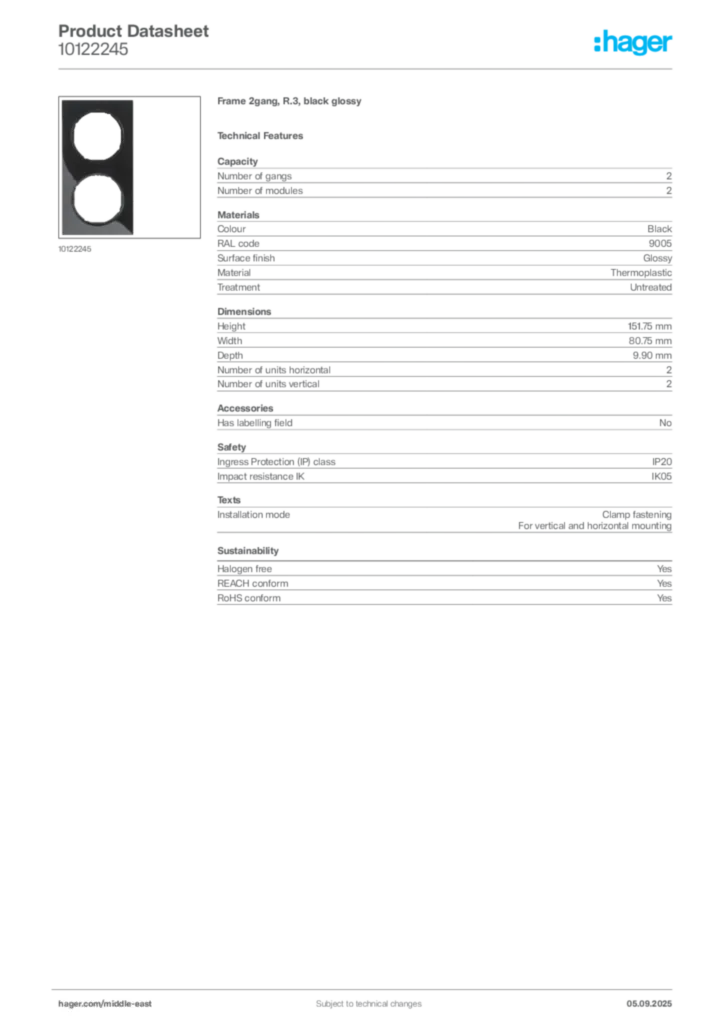 Image Hager Product data sheet 10122245  | Hager