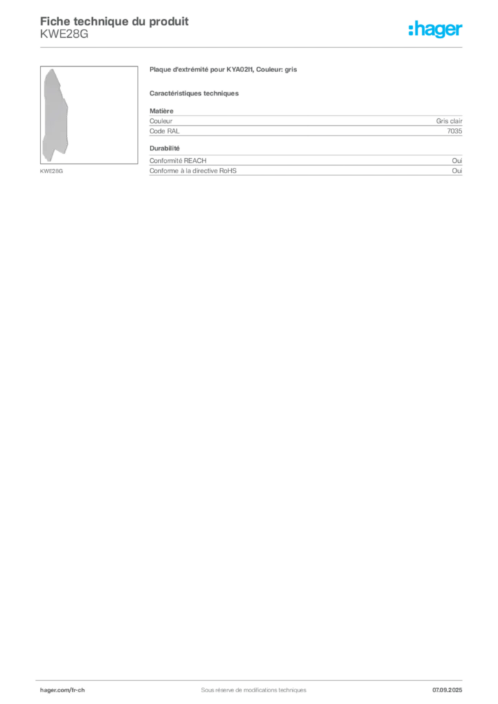 Image Hager Fiche technique du produit KWE28G | Hager Suisse