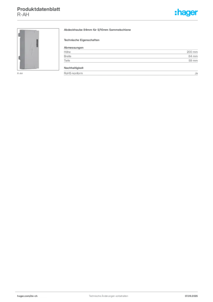 Bild Hager Produktdatenblatt R-AH | Hager Schweiz