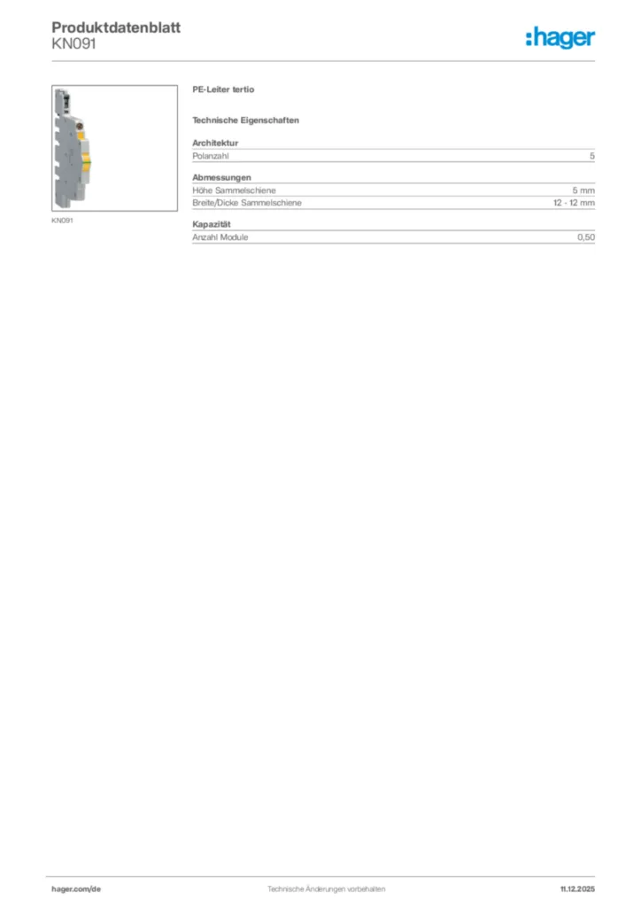 Bild Hager Produktdatenblatt KN091 | Hager Deutschland