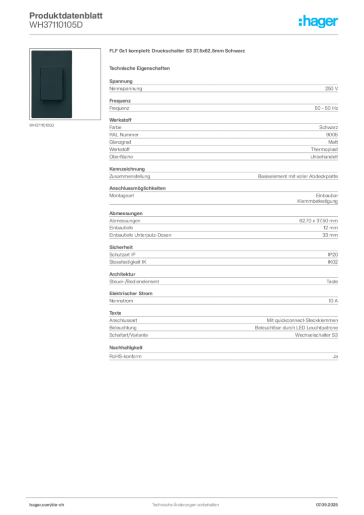 Bild Hager Produktdatenblatt WH37110105D | Hager Schweiz