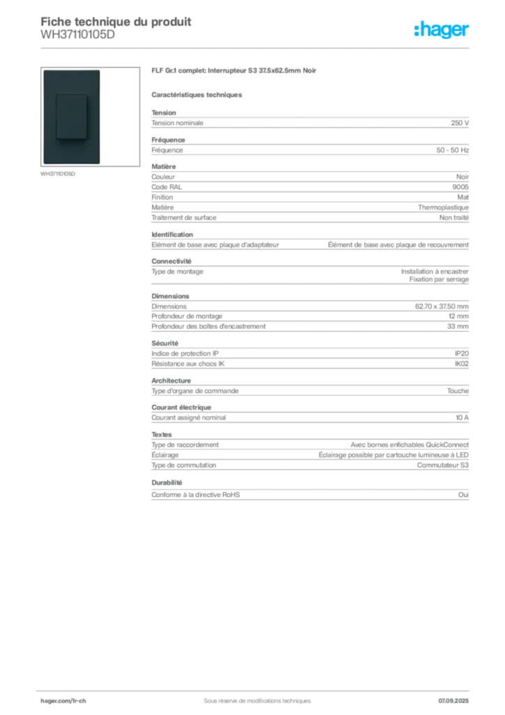 Image Hager Fiche technique du produit WH37110105D | Hager Suisse