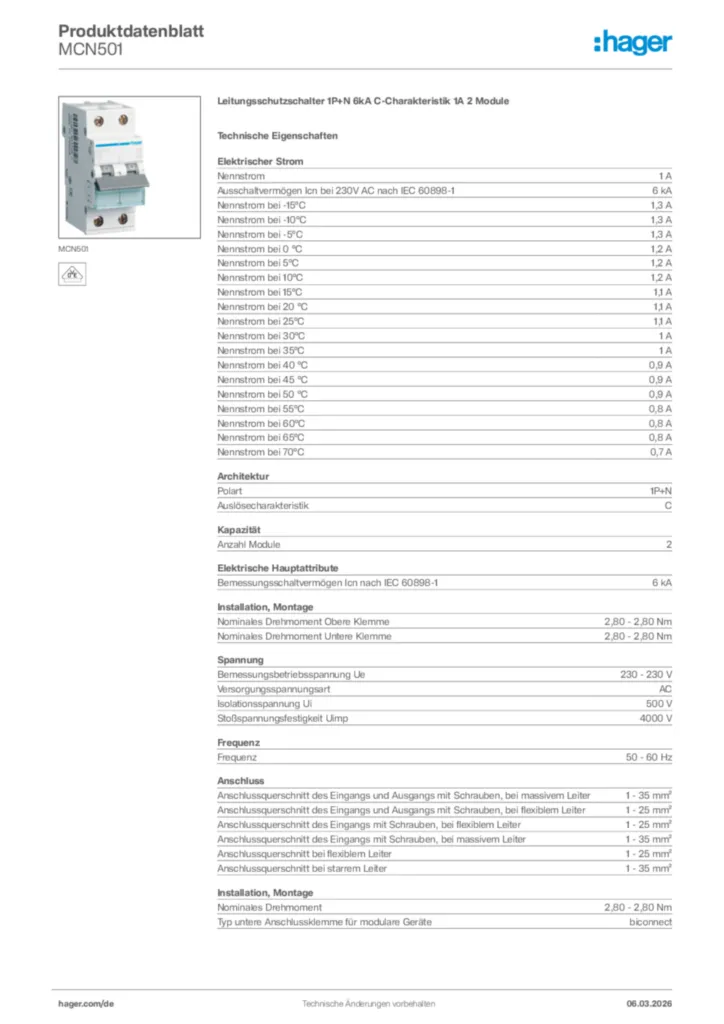 Bild Hager Produktdatenblatt MCN501 | Hager Deutschland