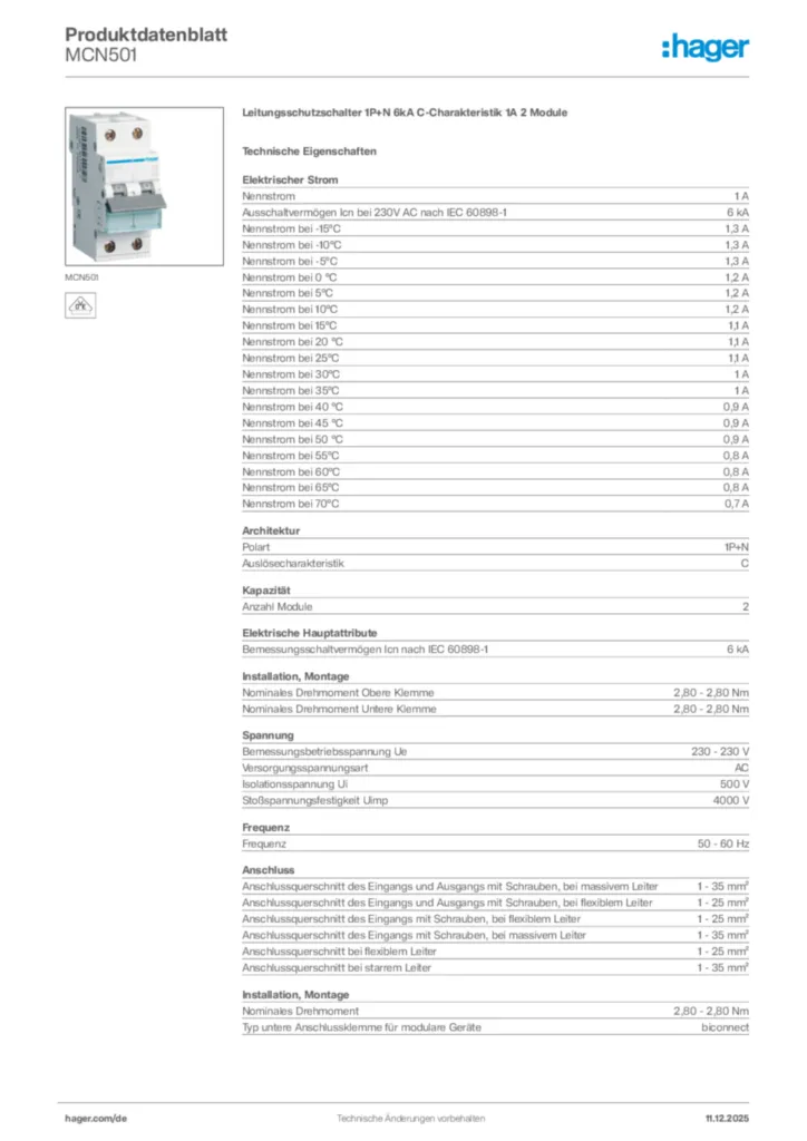Bild Hager Produktdatenblatt MCN501 | Hager Deutschland