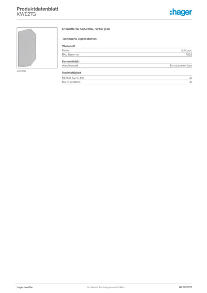 Bild Hager Produktdatenblatt KWE27G | Hager Deutschland