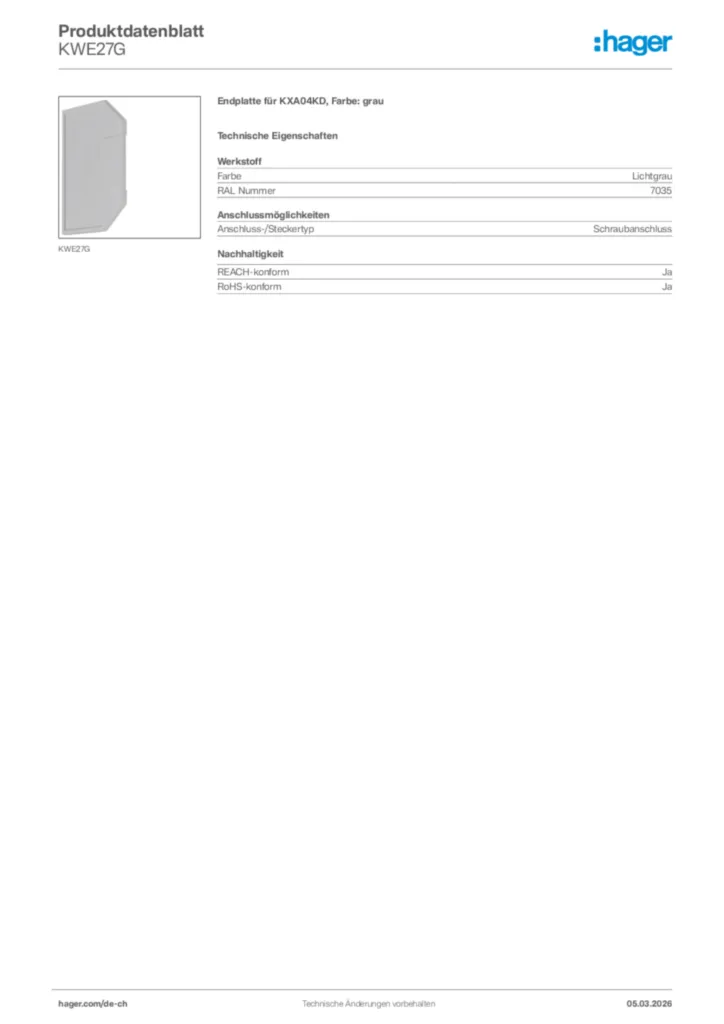 Bild Hager Produktdatenblatt KWE27G | Hager Schweiz