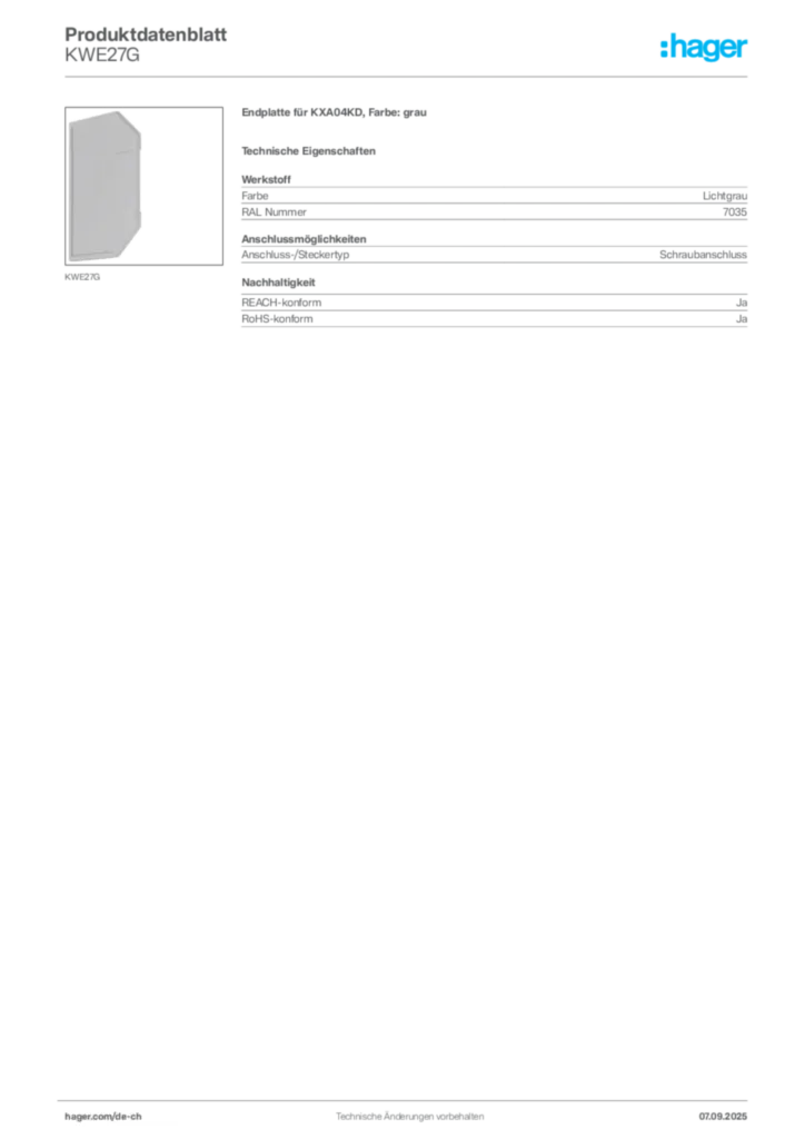 Bild Hager Produktdatenblatt KWE27G | Hager Schweiz