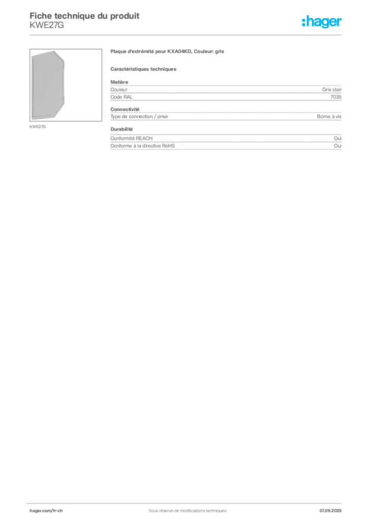 Image Hager Fiche technique du produit KWE27G | Hager Suisse
