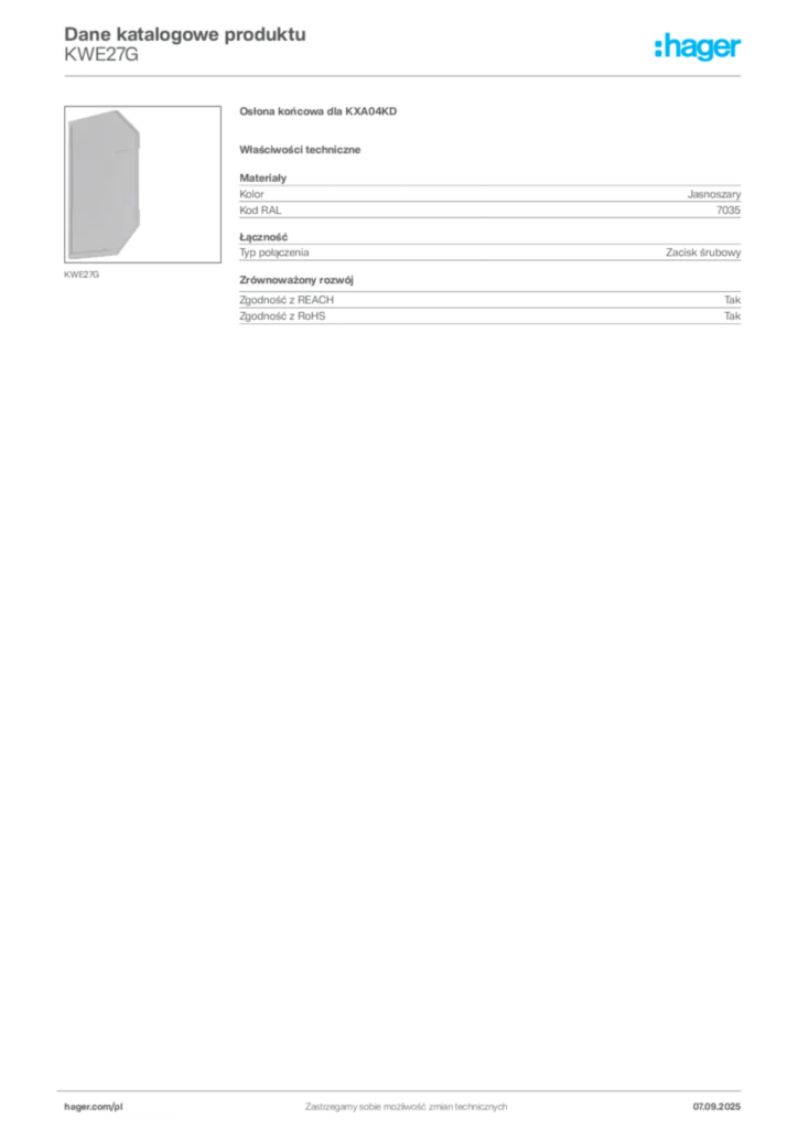 Zdjęcie Hager Dane katalogowe produktu KWE27G | Hager Polska