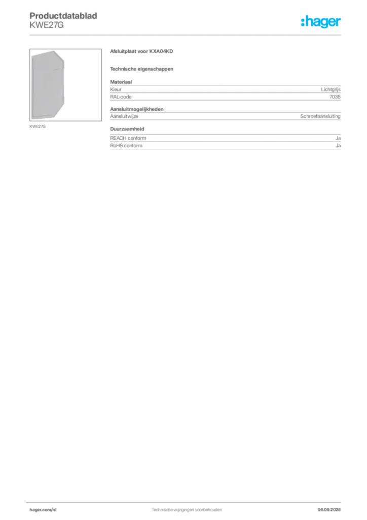 Afbeelding Hager Productdatablad KWE27G | Hager Nederland