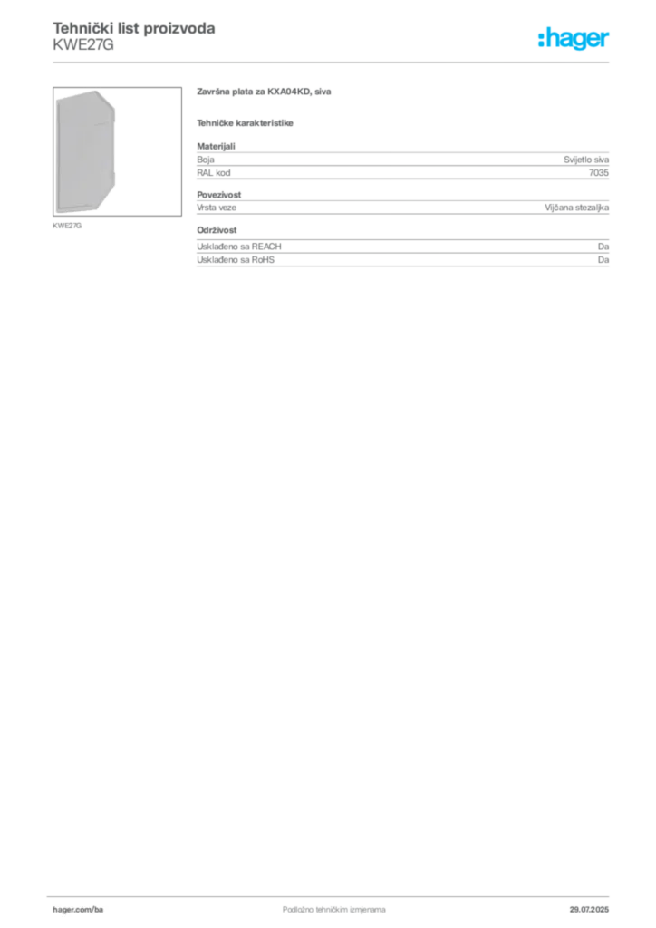 Slika Hager Product data sheet KWE27G  | Hager