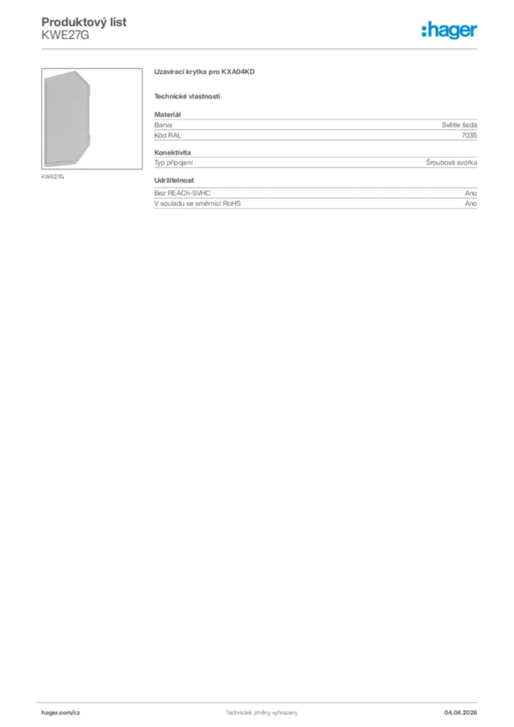 Obrázek Hager Product data sheet KWE27G | Hager