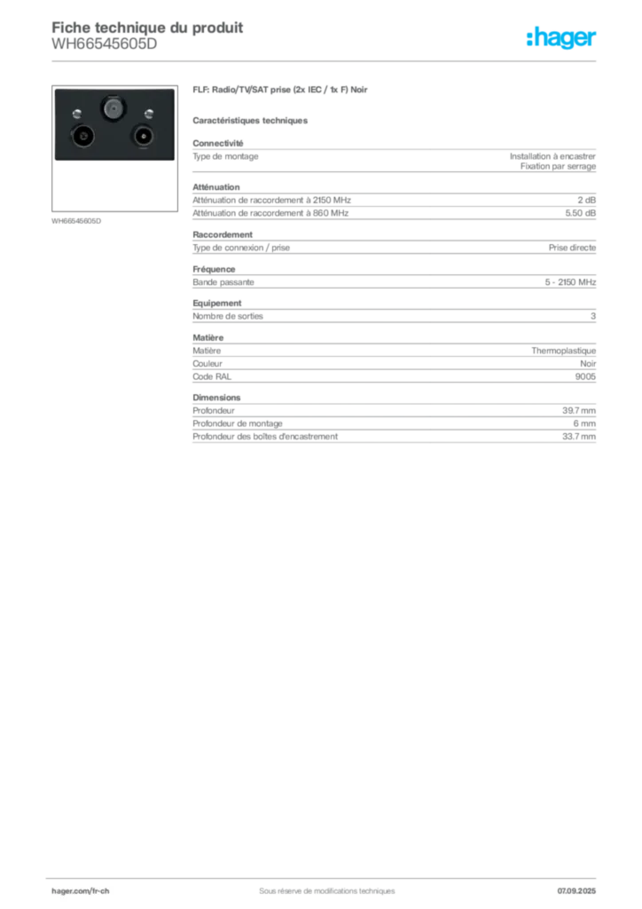 Image Hager Fiche technique du produit WH66545605D | Hager Suisse